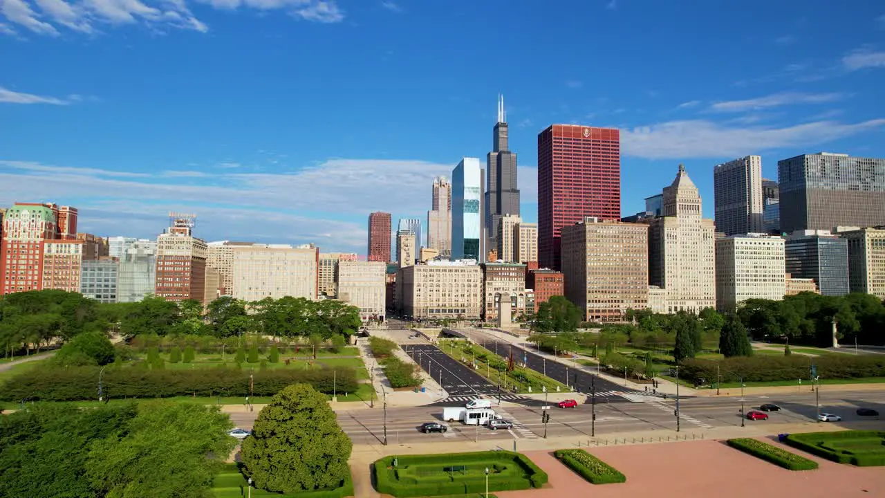 Green Eco Friendly Park With Chicago City Skyline Aerial Drone