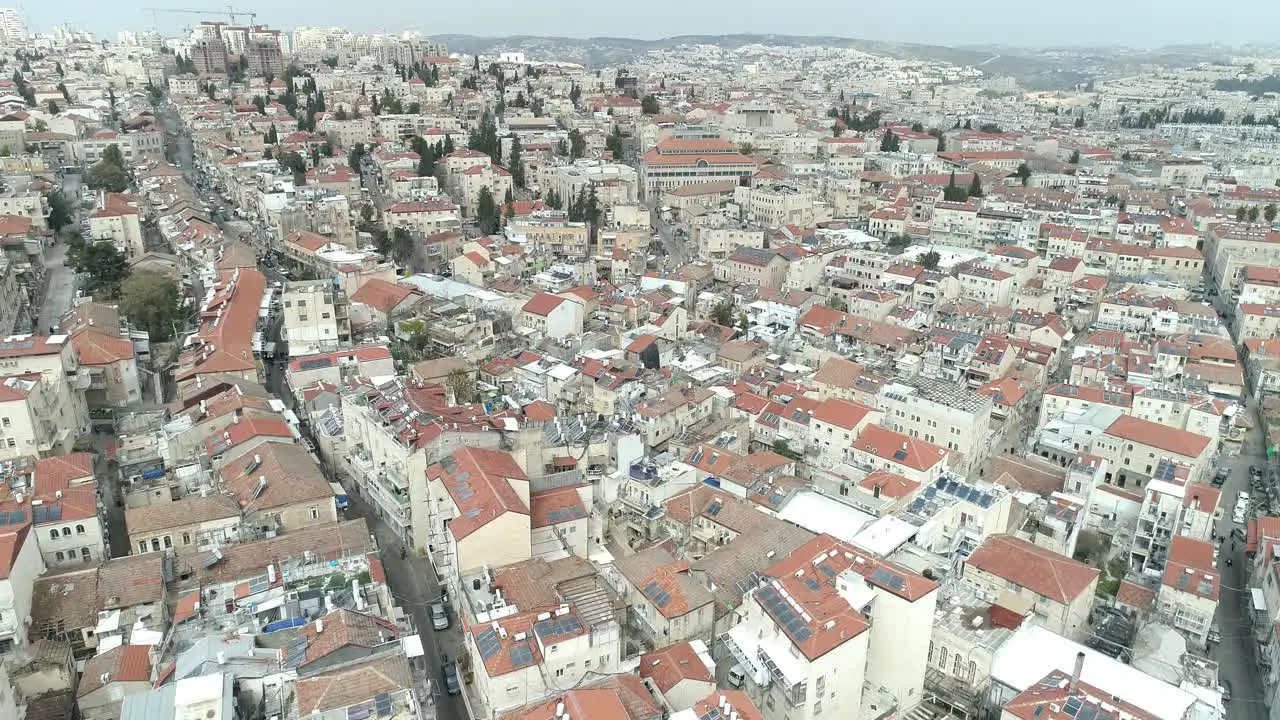 Aerial footage of Mea Shearim neighborhood in the heart of Jerusalem israel