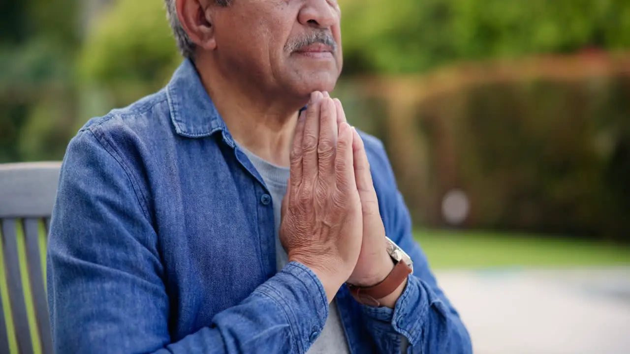 Senior man praying outdoor and park with faith