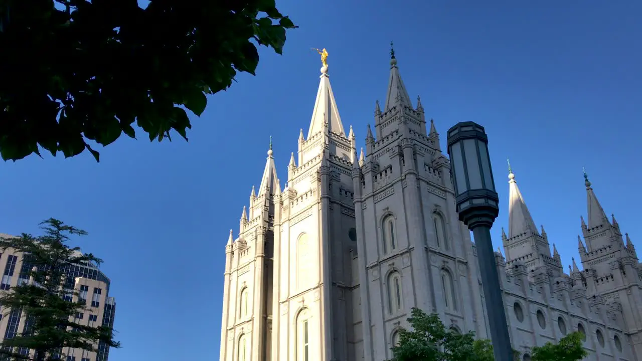 Low angle ground up view of the Mormon temple in Salt Lake City Utah