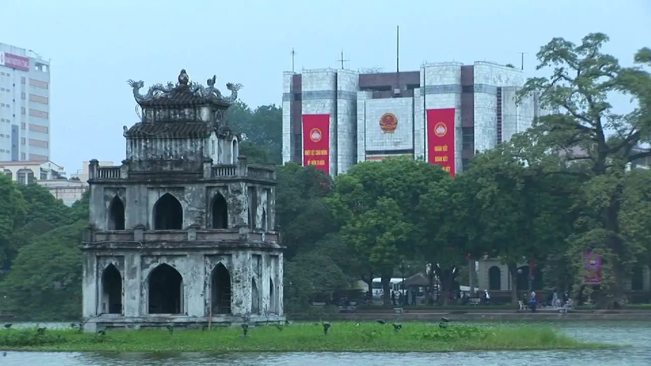 A temple on an island in downtown Hanoi Vietnam