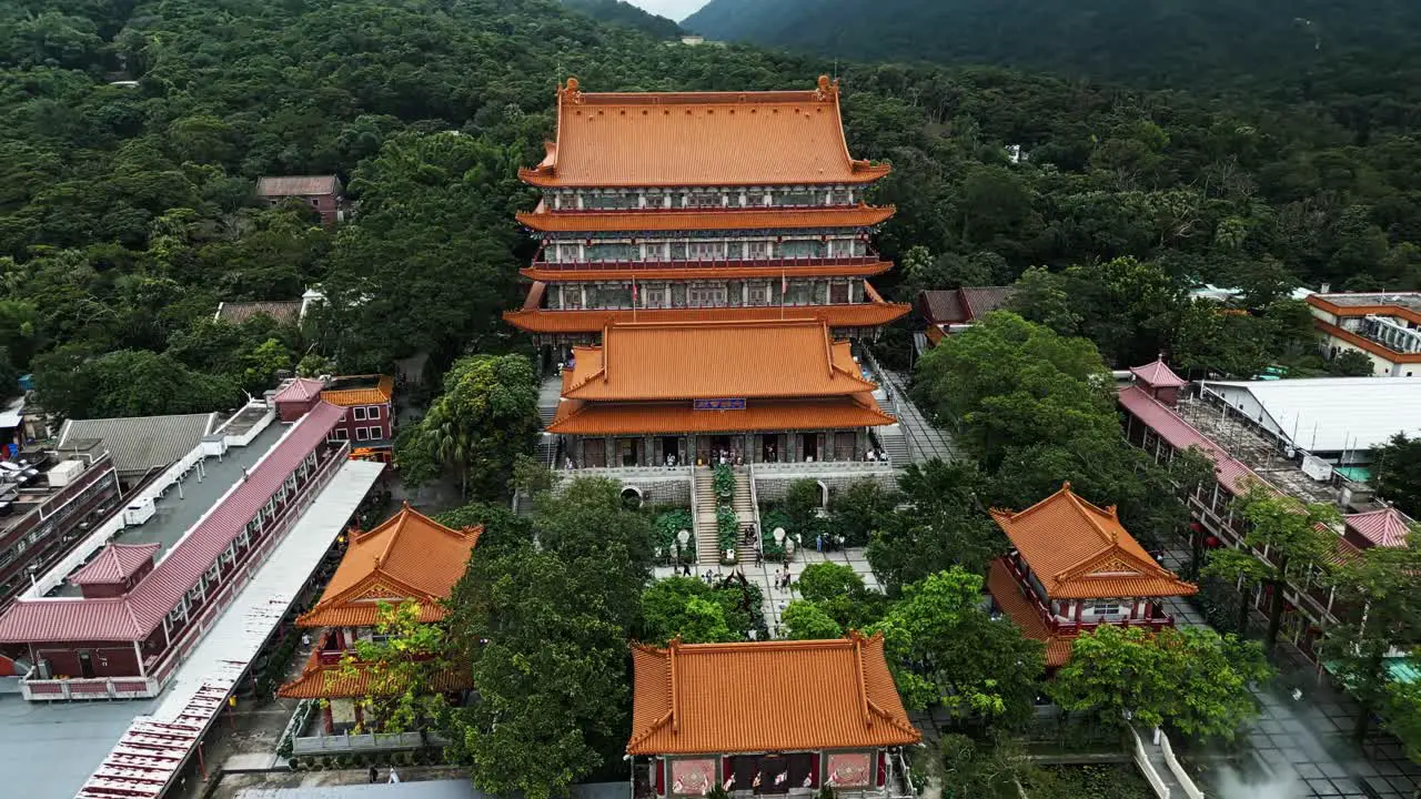 Aerial around the Po Lin Monastery on Lantau Island Hong Kong China