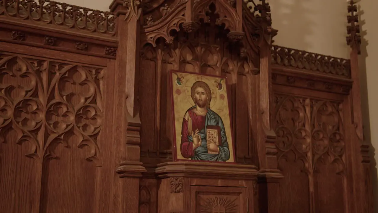 Wide Tilt Down of a Wooden Tabernacle in a Church