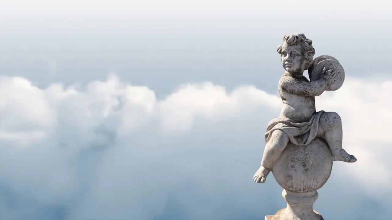 Animation of gray sculpture of cupid over blue sky and clouds copy space