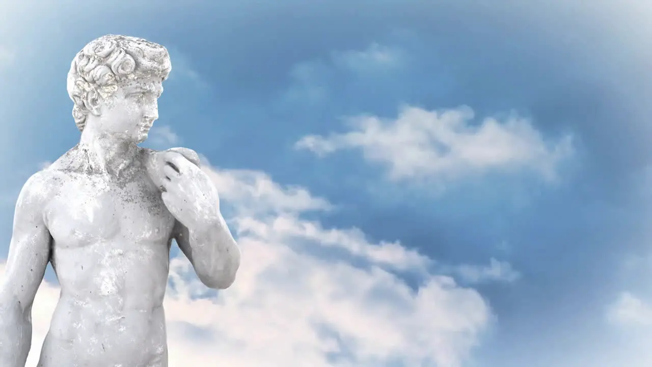 Animation of gray sculpture of man over blue sky and clouds copy space