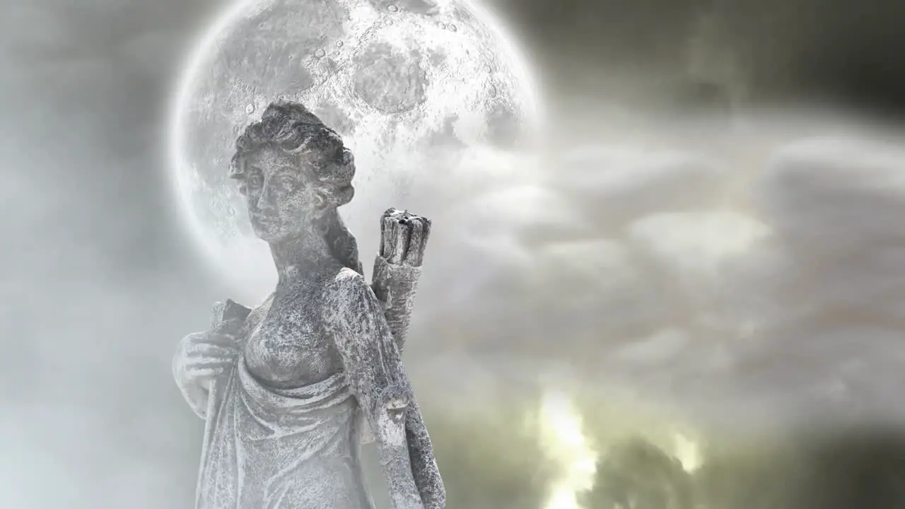 Animation of gray sculpture of woman over dark sky and moon copy space