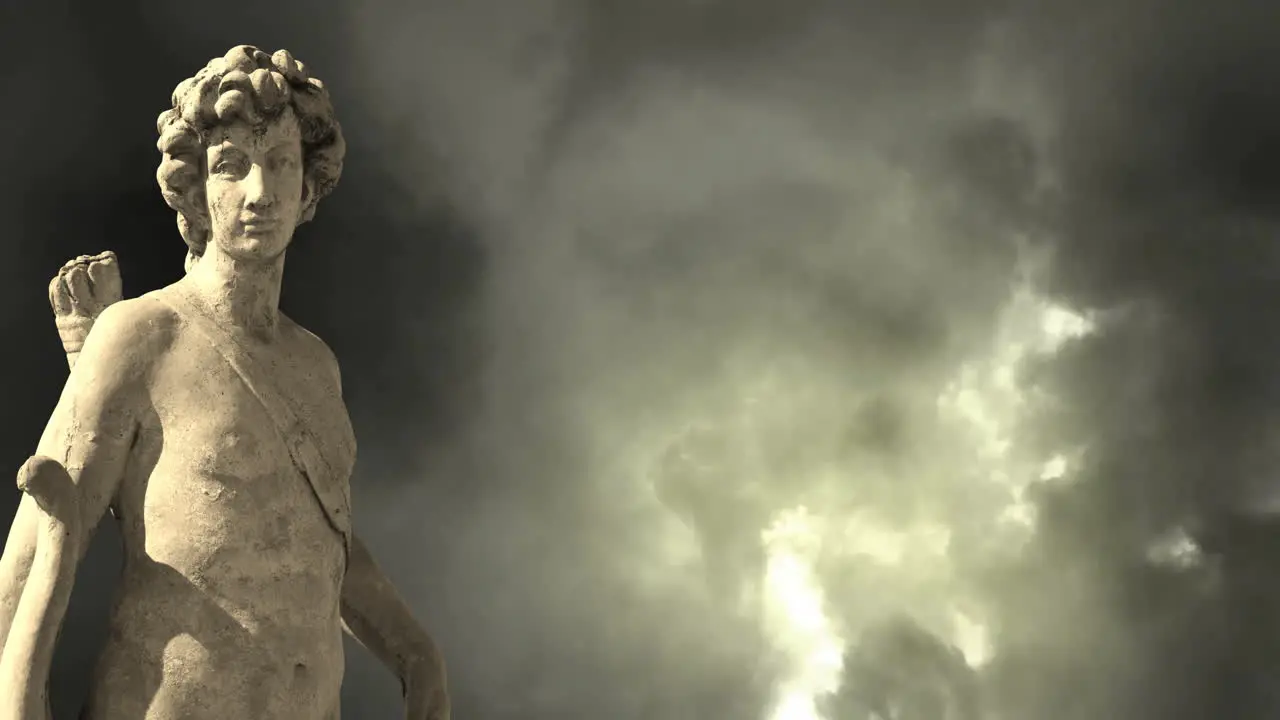 Animation of gray sculpture of man over dark sky and clouds copy space