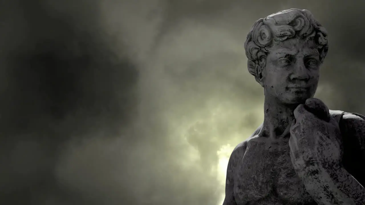 Animation of gray sculpture of man over dark sky and storm clouds copy space