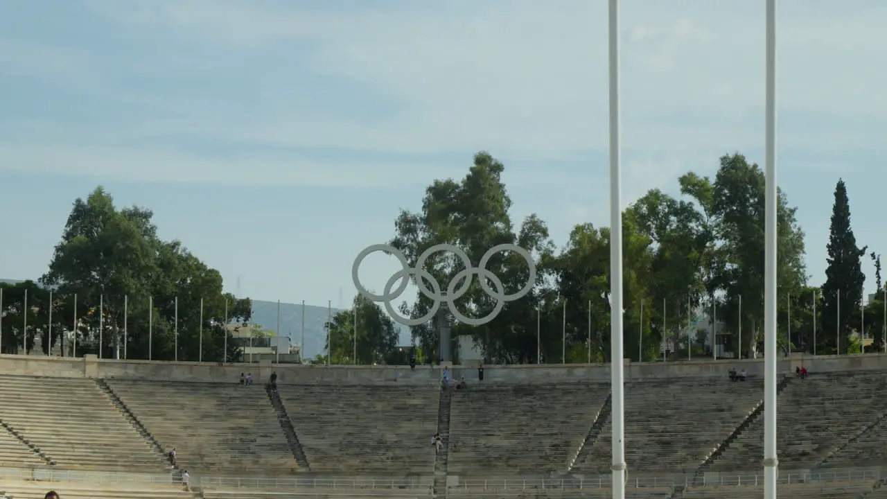 Olympic rings monument at historic stadium in Athens