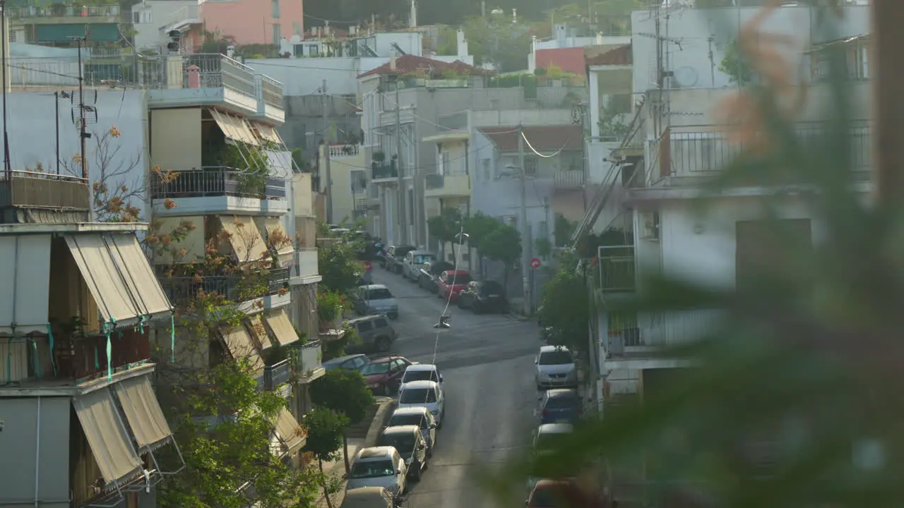 Quaint urban street in Athens with lined trees and cars