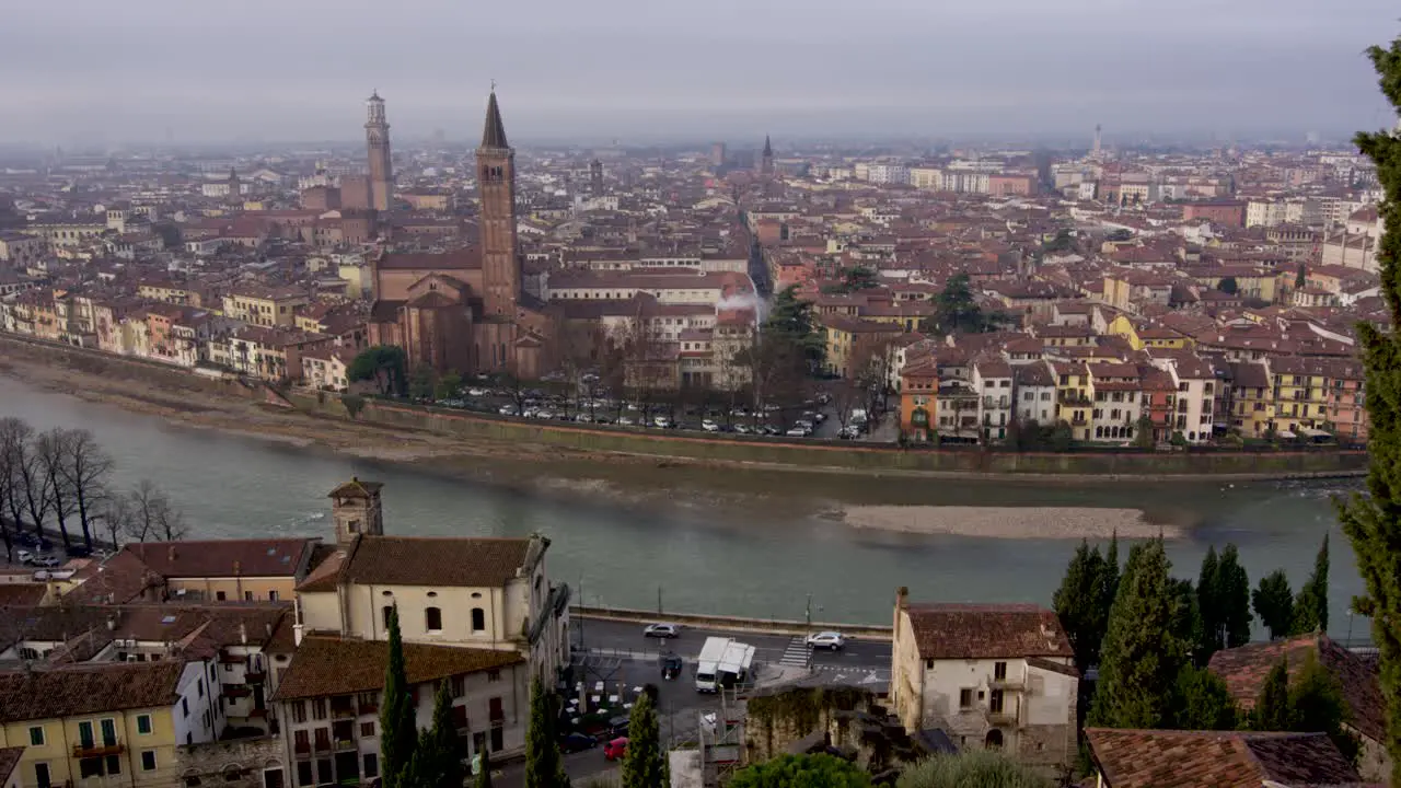 Italy Verona City Tower Buildings Adige River Static Panoramic Landscape