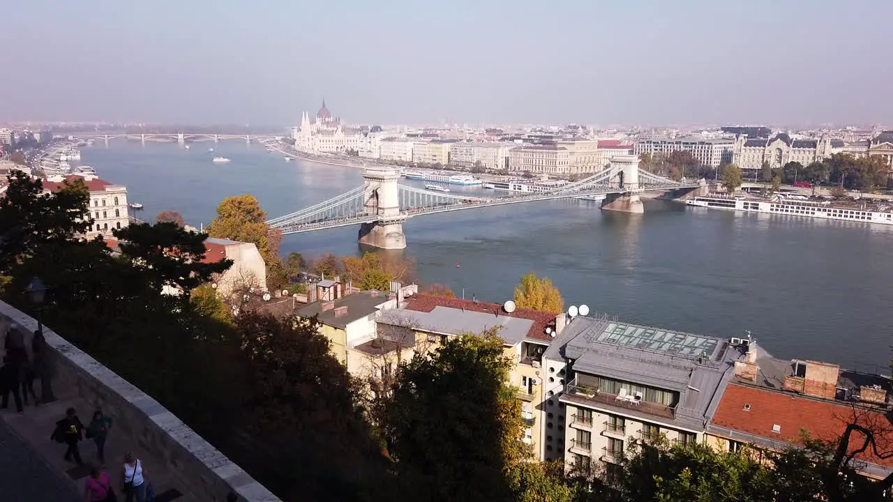 The Chain bridge and skyline of Budapest city on beautiful sunny day from a great distance