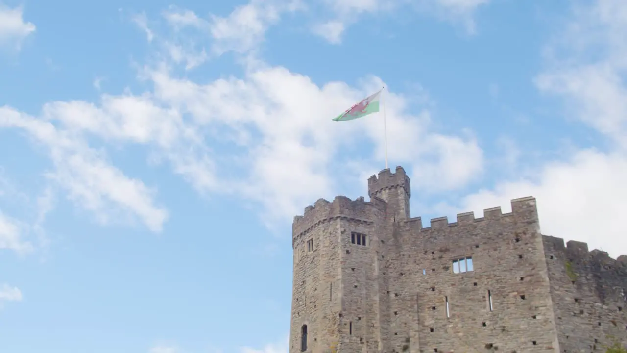 Welsh Flag Flying From Cardiff Castle Against Blue Sky