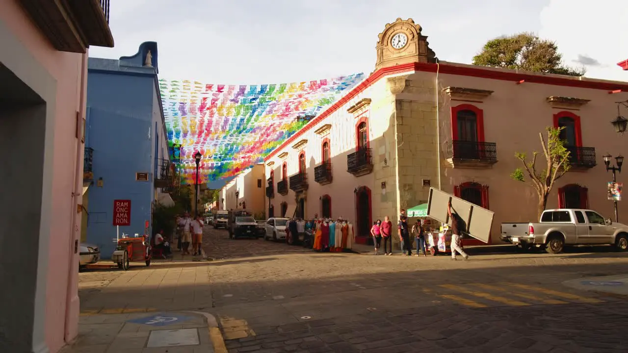 People Walking in the Traditional Center of Oaxaca Mexico Colonial Colorful City Wiphala Roof