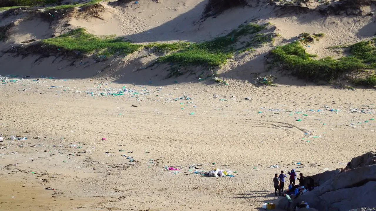 Group of people cleaning plastic trash polluted beach on Vietnam coast