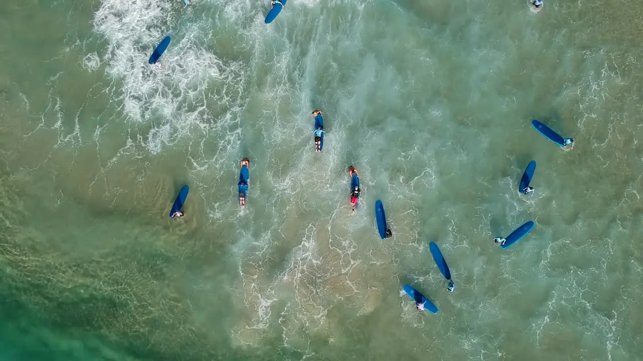 A aerial view of a group of people learning to surf at the beach