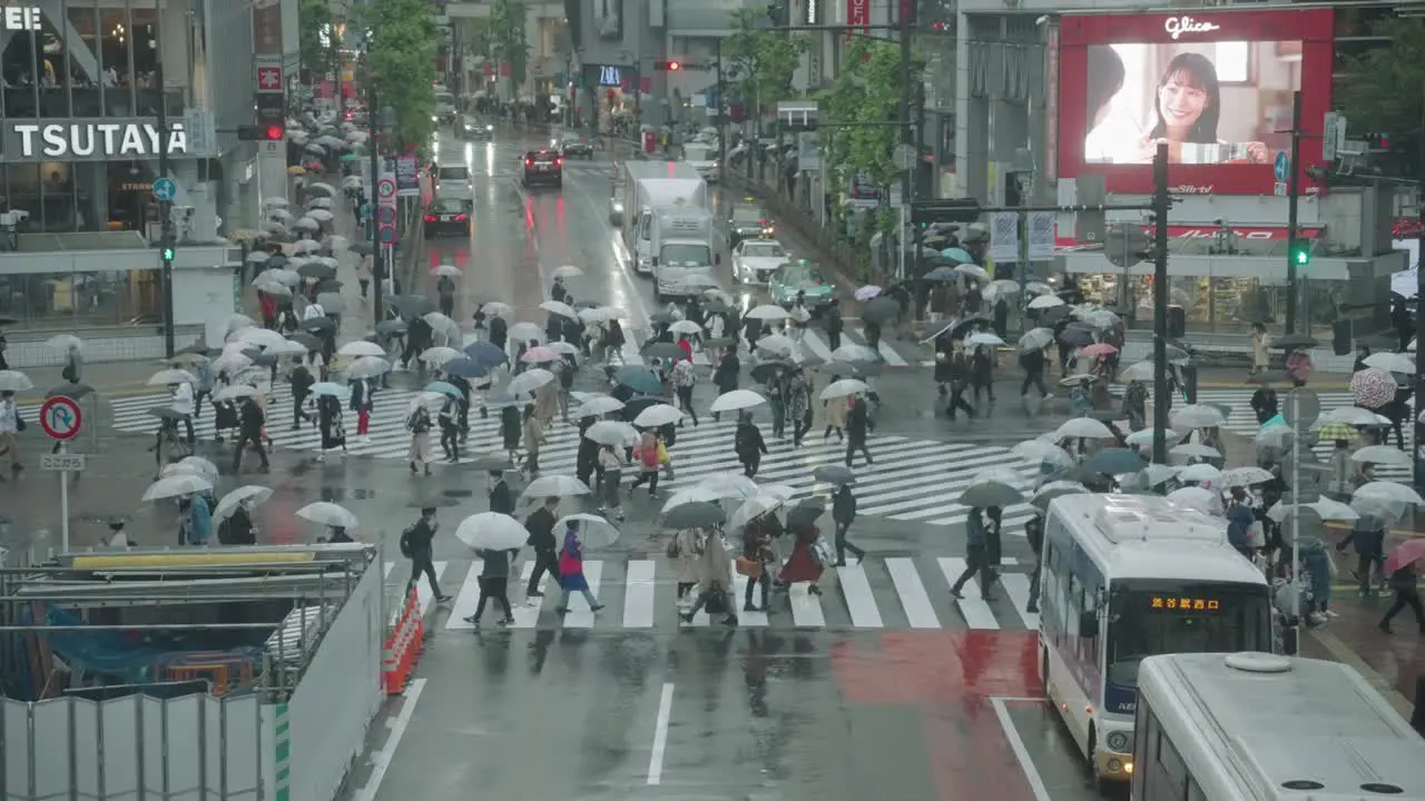 Pedestrians Crossing At The Road On A Rainy Day Shibuya Crossing In Tokyo Japan close up slow motion