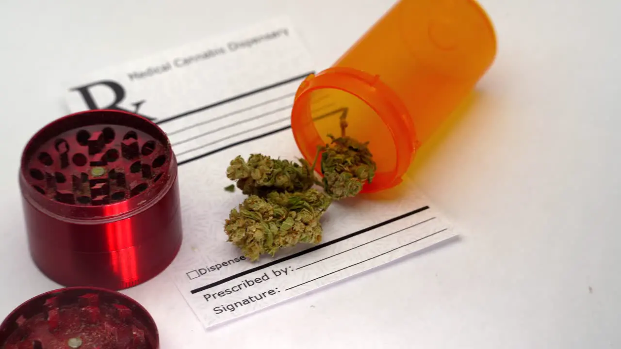 Slow reveal of an orange pill bottle spilling marijuana buds onto a prescription note with a red grinder nearby