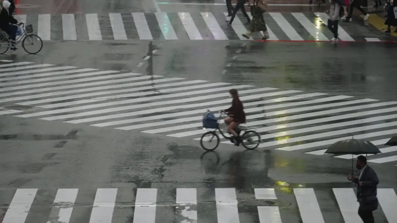 People Walking And Biking At Shibuya Crossing In Tokyo Japan Under The Rain close up slow motion