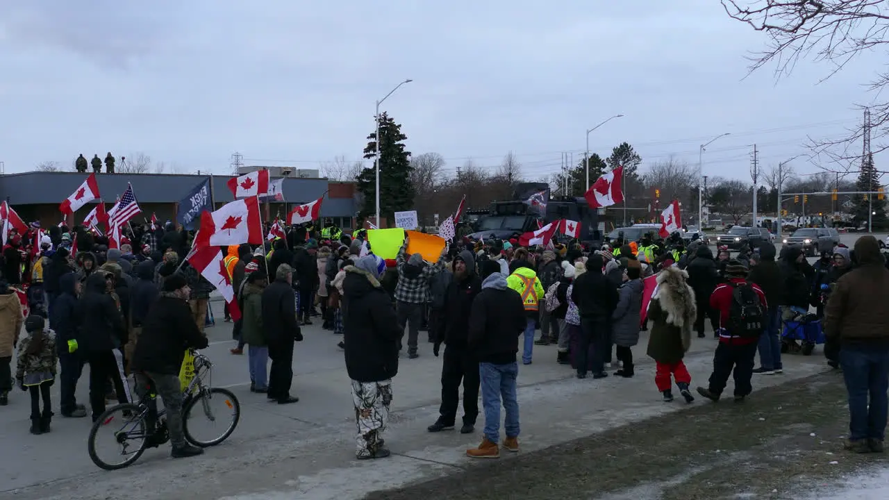 Crowd protest in freedom convoy in Windsor Ontario Canada