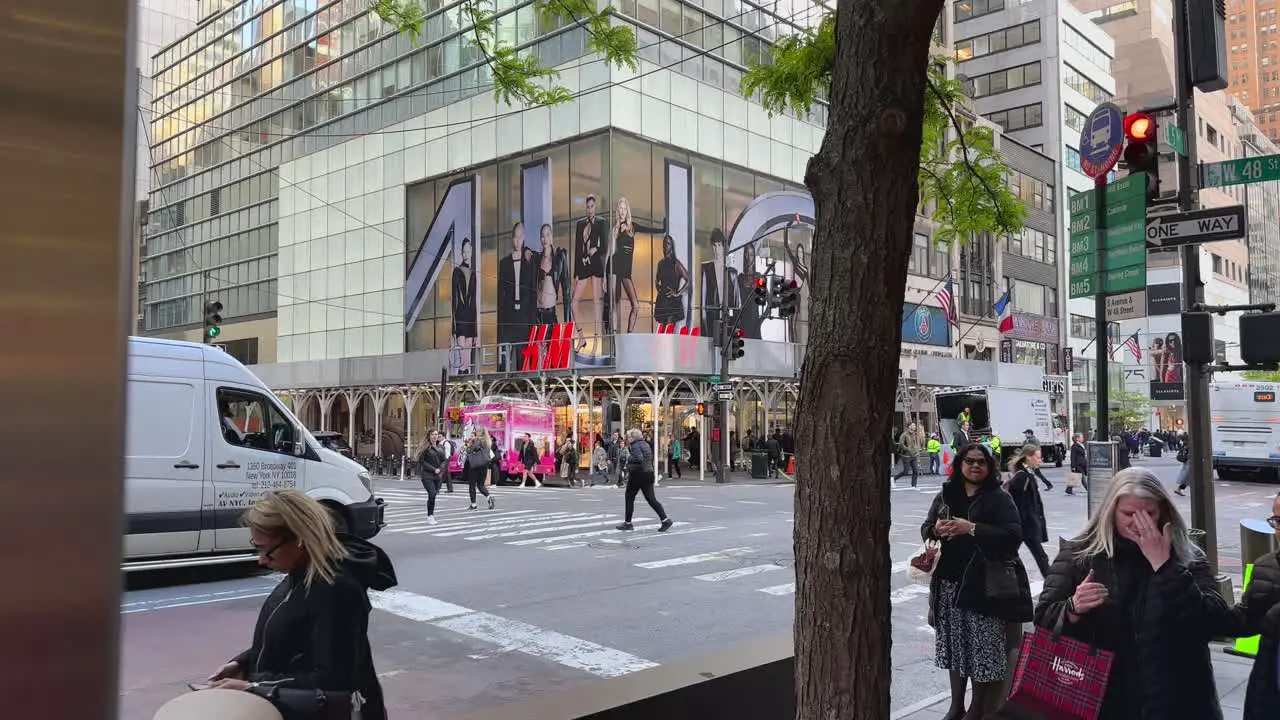 First-person walking perspective of crowded 5th Avenue busy street of Manhattan financial district in New York City USA