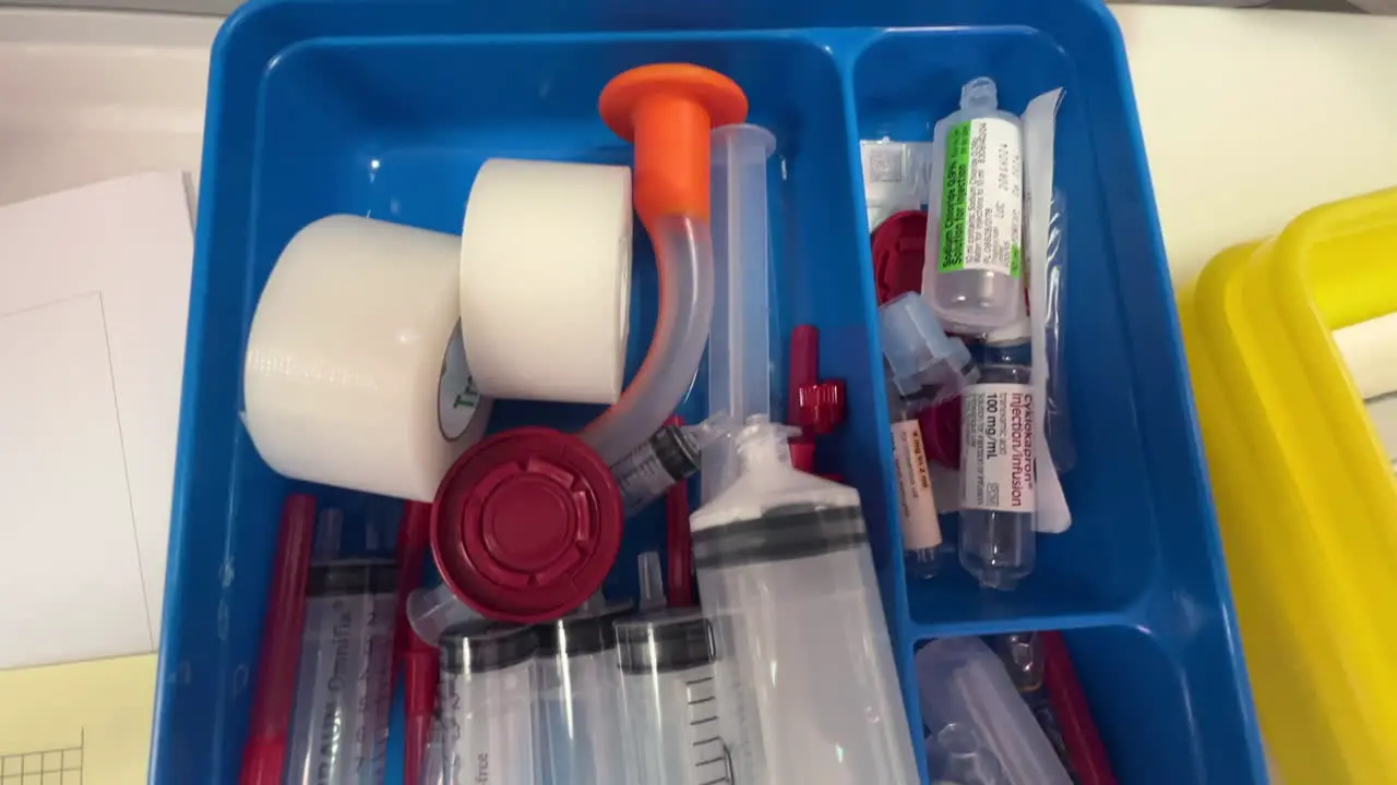 A tray of syringes labelled with drugs used during anaesthesia in an operating theatre