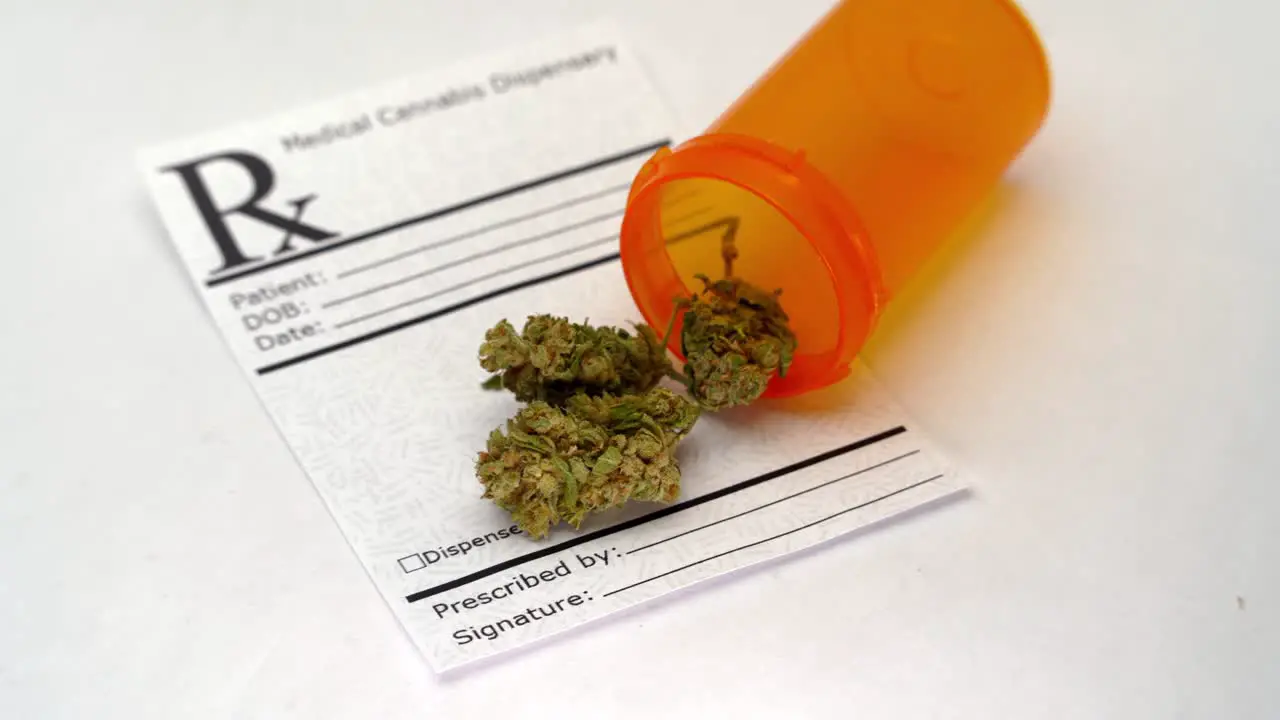 Slow pan reveal of a cannabis prescription note and orange open pill bottle spilling marijuana