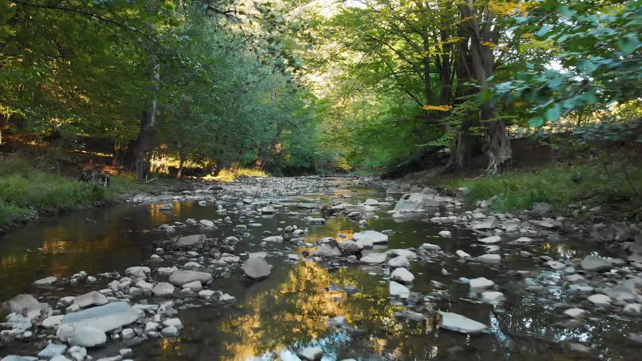 Low drone flight over small river