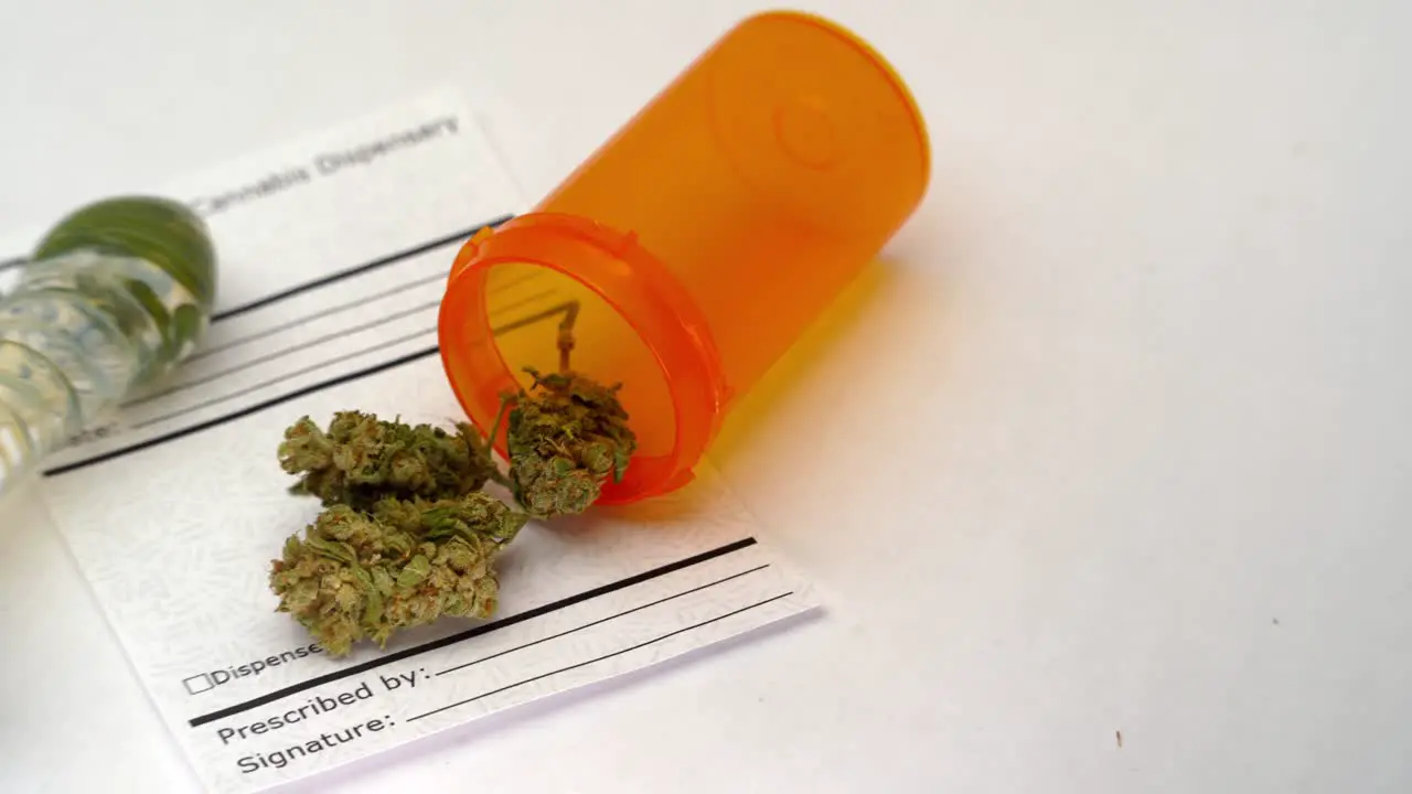 A slow reveal of an open pill bottle spilling marijuana buds onto a prescription note with a glass pipe nearby