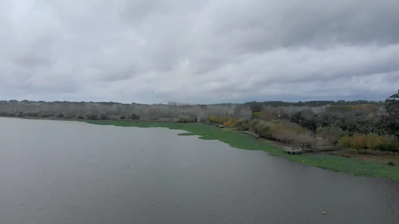 Aerial view of a large lake shore on a cloudy autumn day