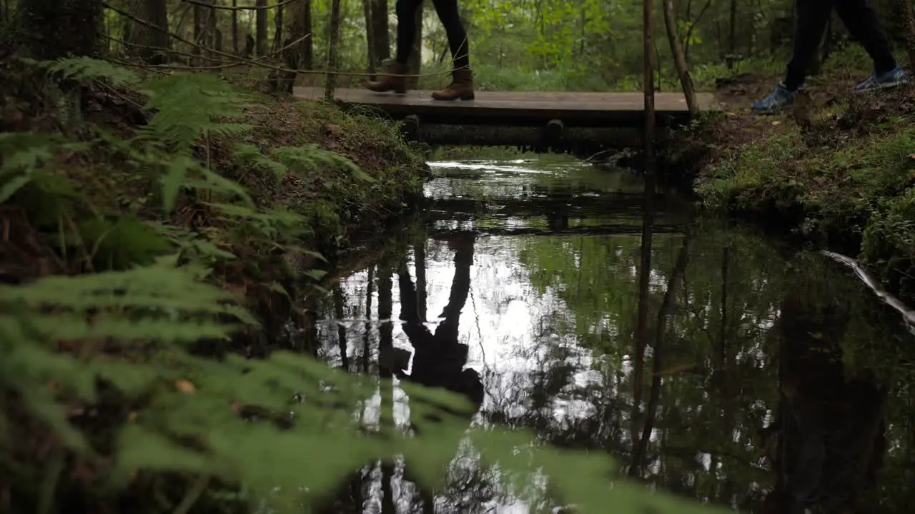 People walking on a bridge over the stream forest river blue sport shoes 4k 50 fps autumn atmosphere picnic