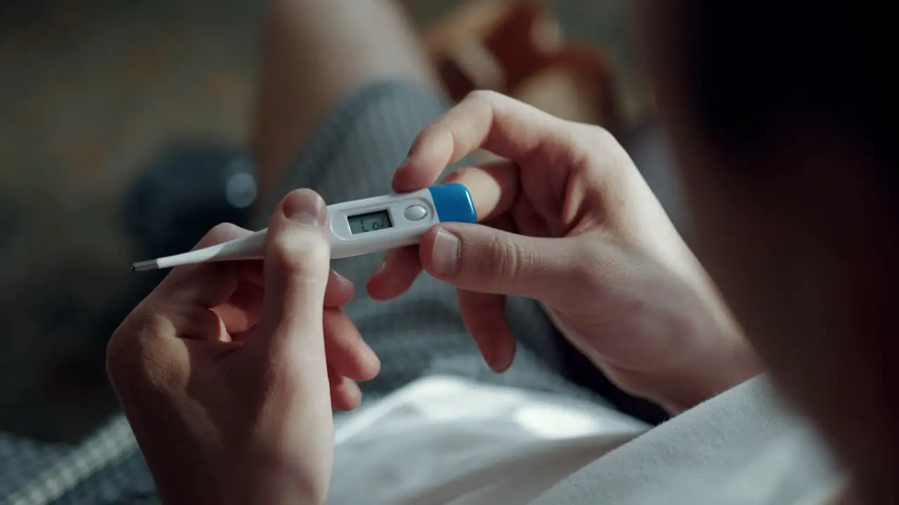 Woman checking and measuring her temperature with an axillary thermometer at her house above the shoulder shot