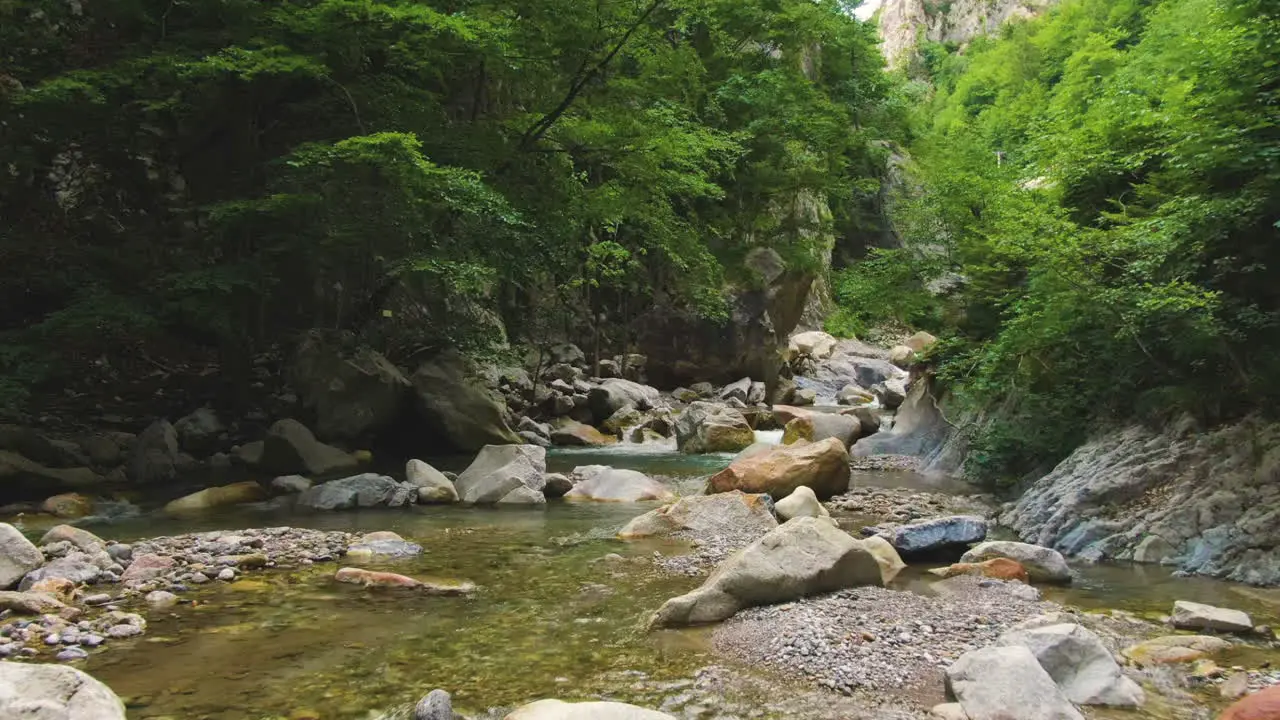 Clear shallow river with stones in the wild surrounded by rocks and greenery