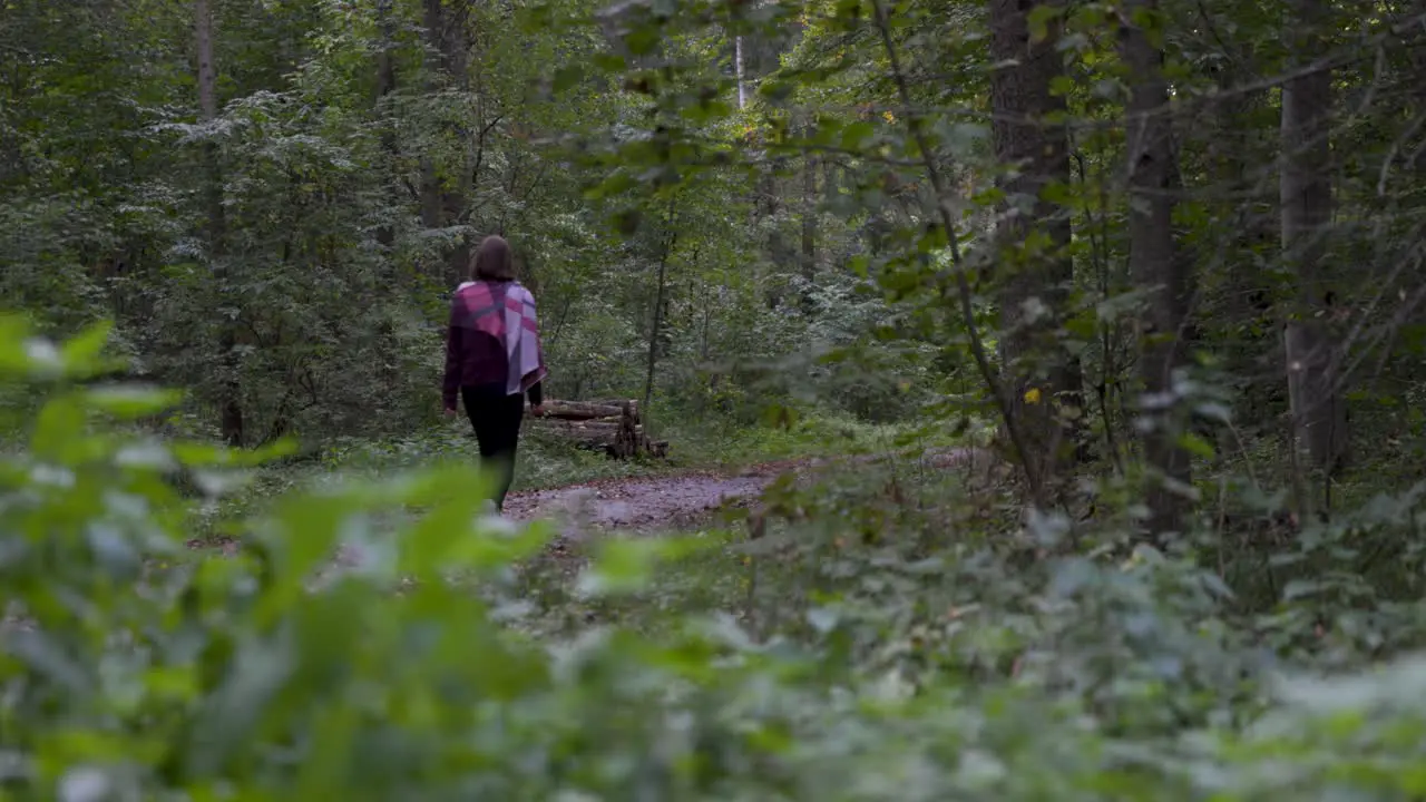 Natural women walking in thoughts through the lush green forrest foliage foreground slow motion dolly shot