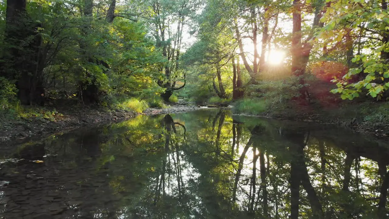 Low drone flight over small river at sunset-5