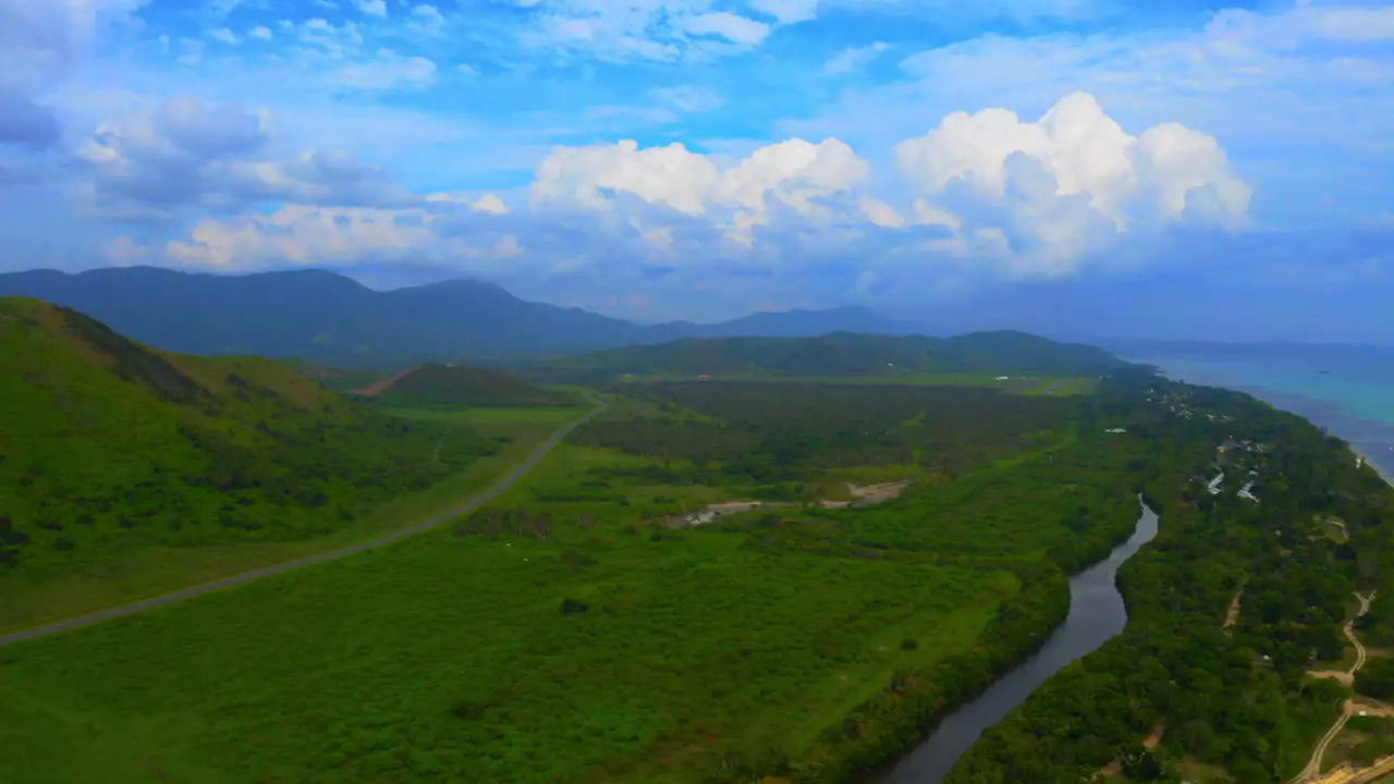 Cinematic drone shot of a beautiful tropical landscape during the day