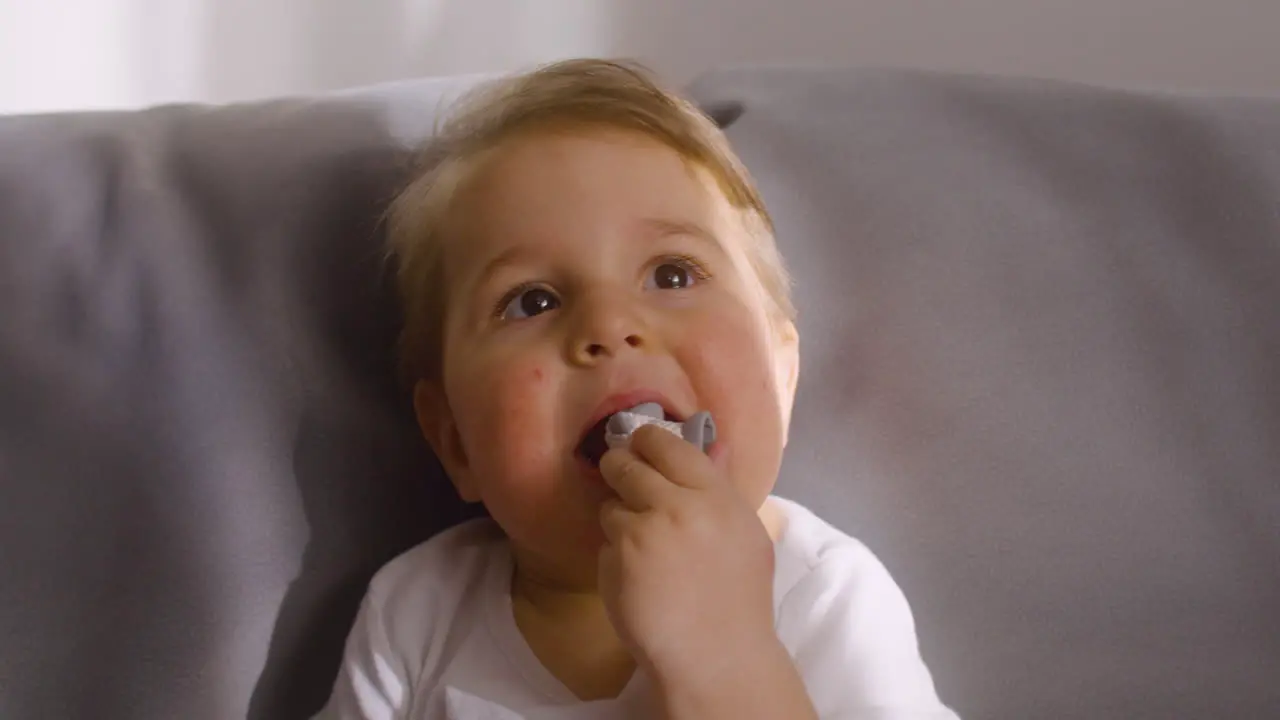 Close Up View Of A Baby Sitting On Sofa In Living Room At Home While Bitting A Toy Animal