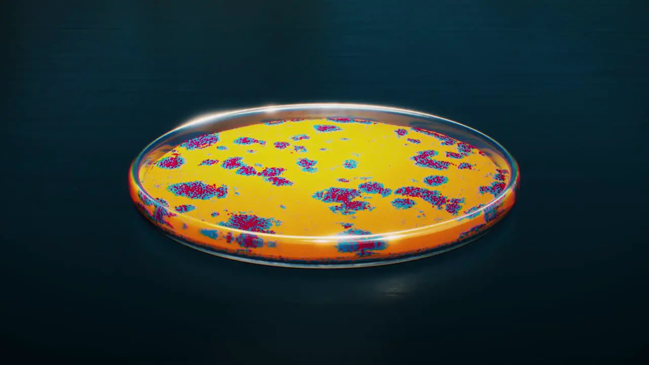 3d render of a yellow bacteria culture evolving in petri plate forming blue and red patterns animation of a medical research experiment in medical lab