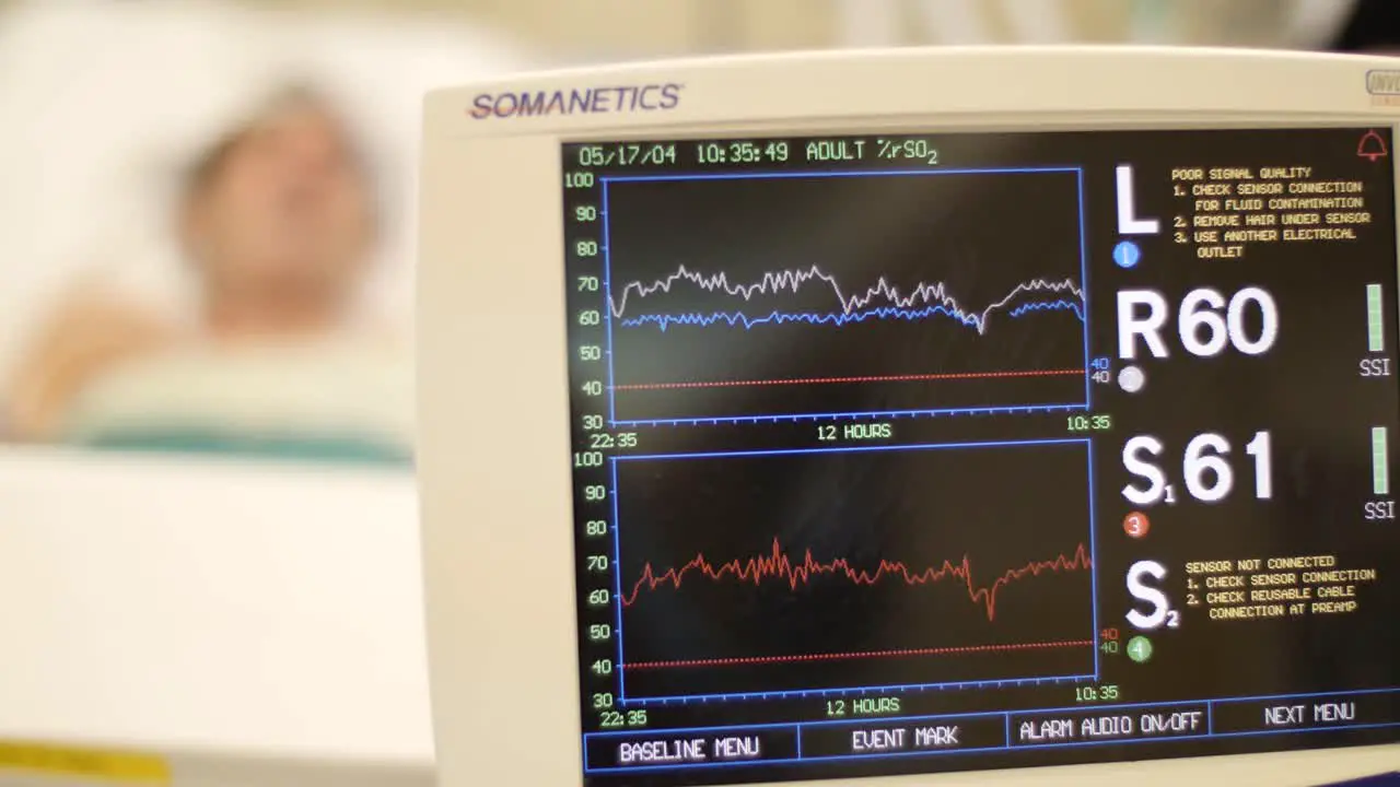 A patient is lying in an intensive care unit room with a medical monitor in front of them