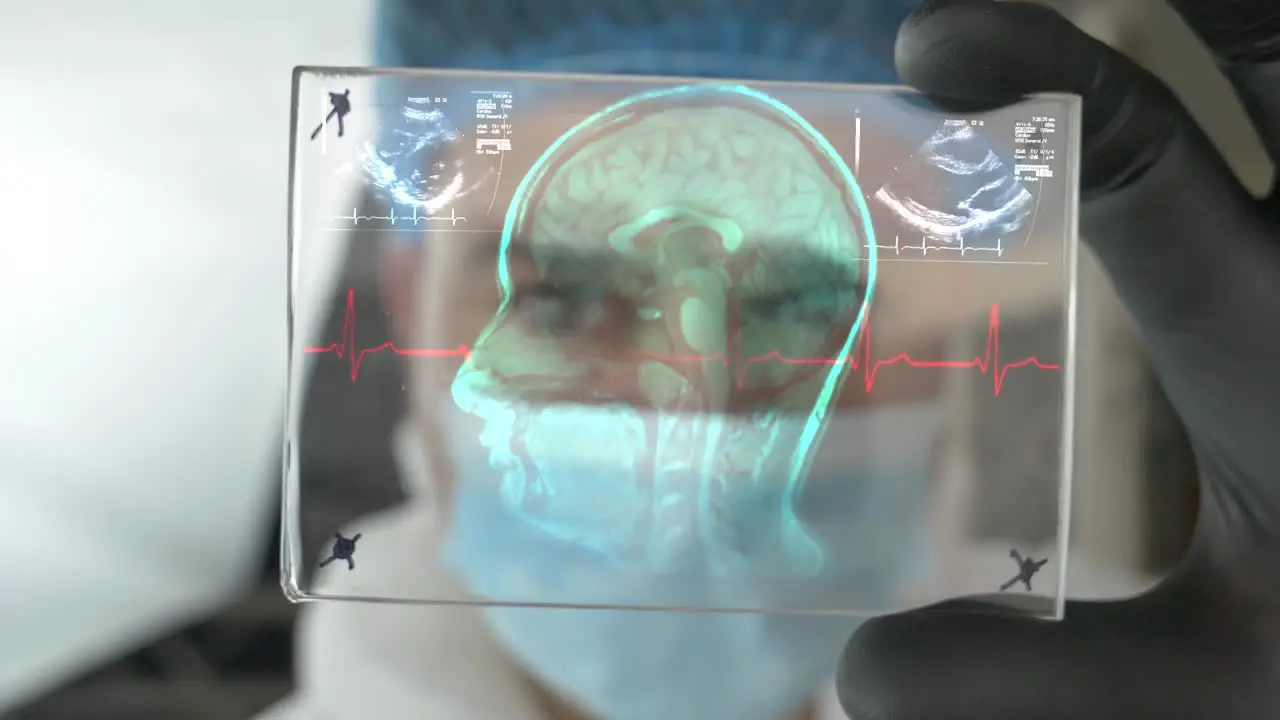 Doctor hold futuristic holographic brain CT scan in hand for diagnosis