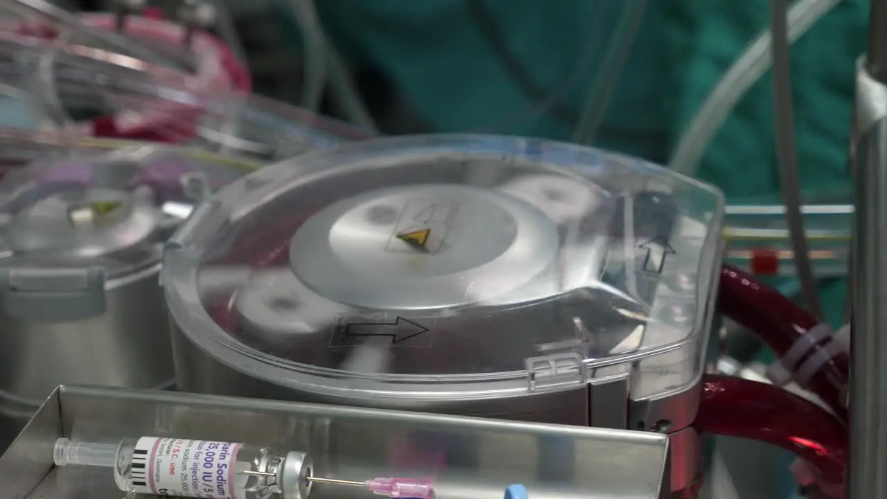 Blood replacement and oxygenation system during heart transplant surgery in closeup