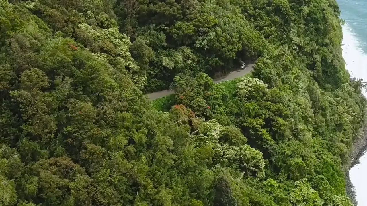 Drone aerial road to hana Hawaii car beachside waves