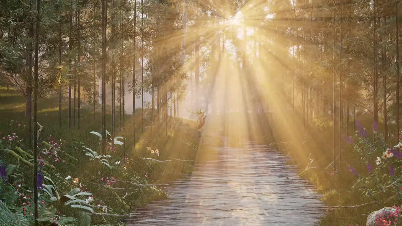 Beautiful landscape sunrise on the river with a deer