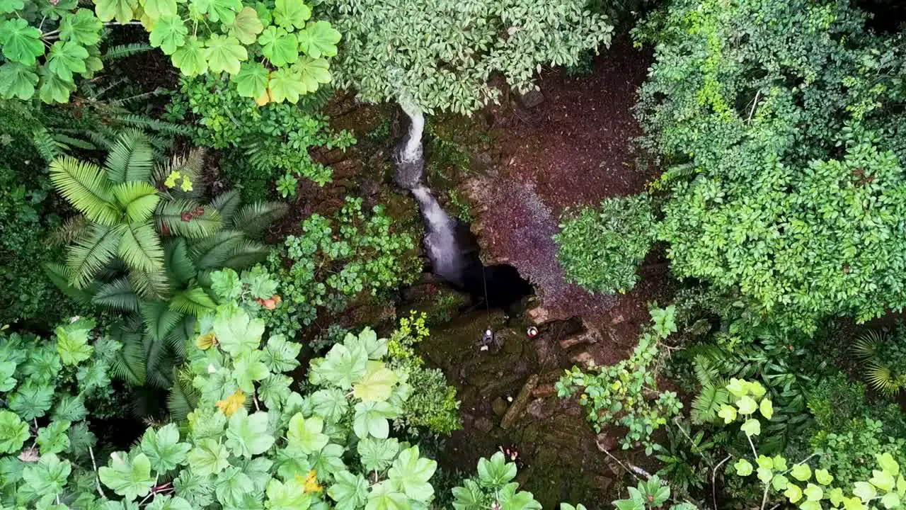 Dropdown view of cascade into an amazon cavern in Ecuador