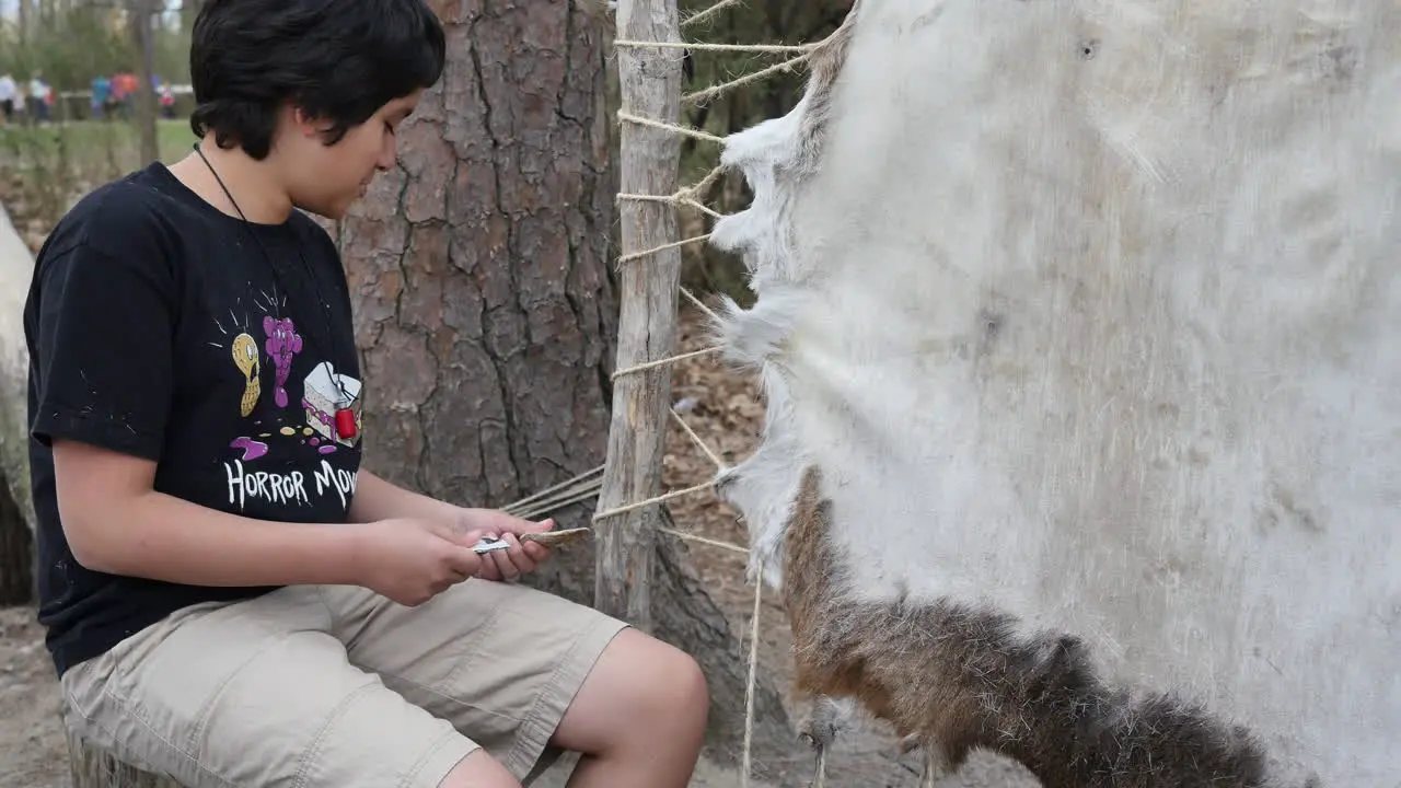 Virginia Jamestown Boy Prepares Animal Skin