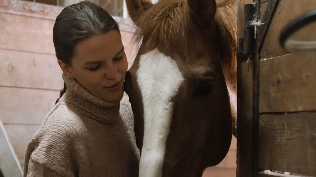 A Girl With A Braid Petting A Brown Horse