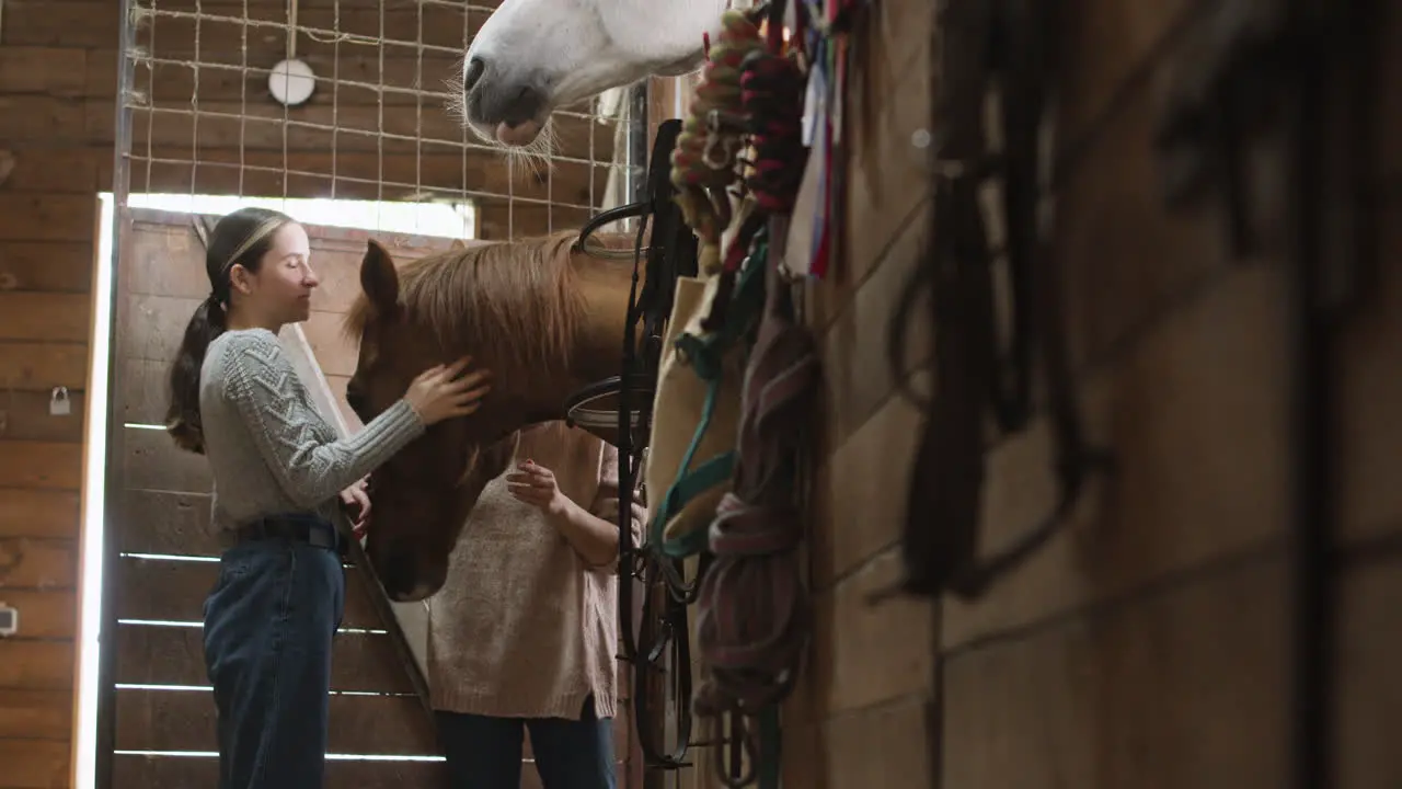 Two Beautiful Girls Petting A Horse