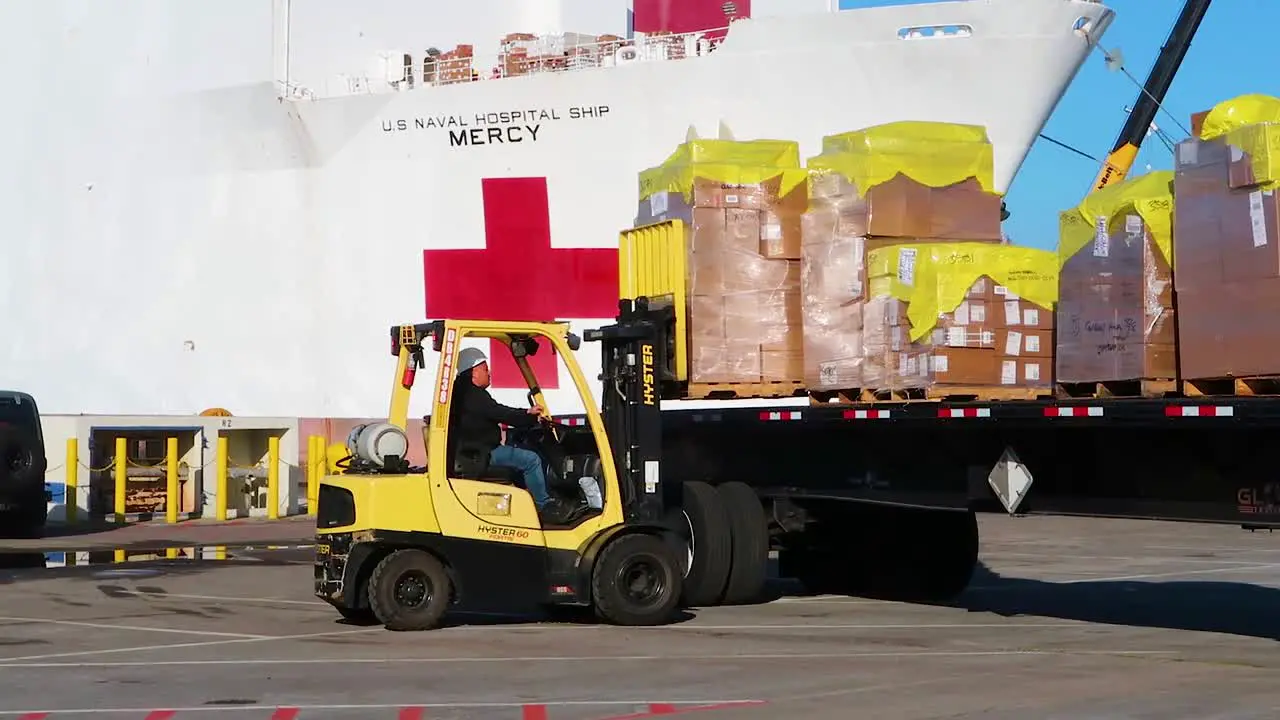 Surgical Masks And Gowns And Other Protective Medical Supplies Are Trucked To The Us Navy Mercy Hostpital Ship During Covid19 Coronavirus Outbreak Epidemic 2