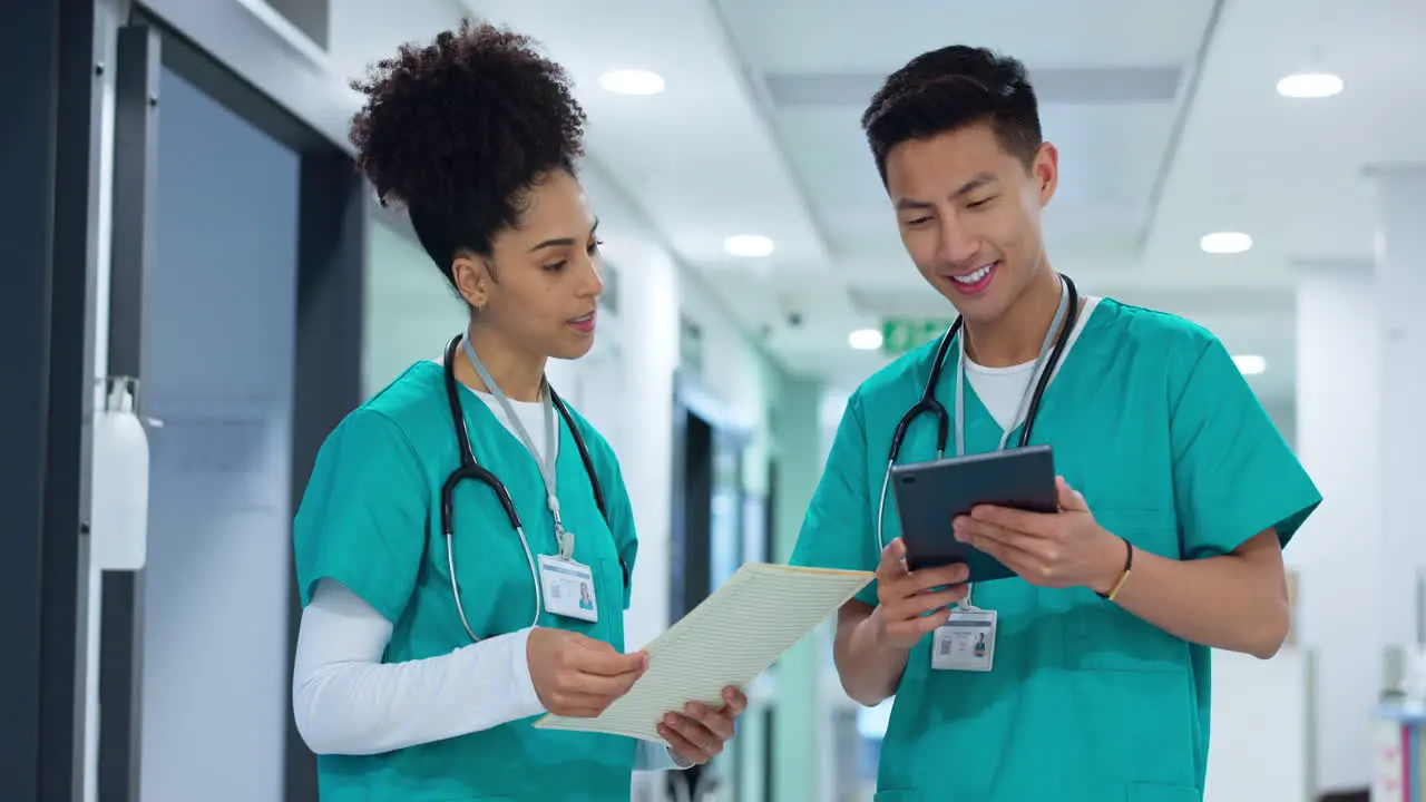 Hospital nurse and people with tablet