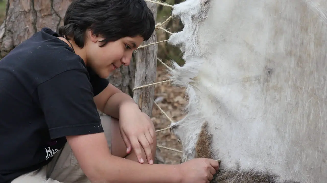 Virginia Jamestown Boy Works On Animal Skin